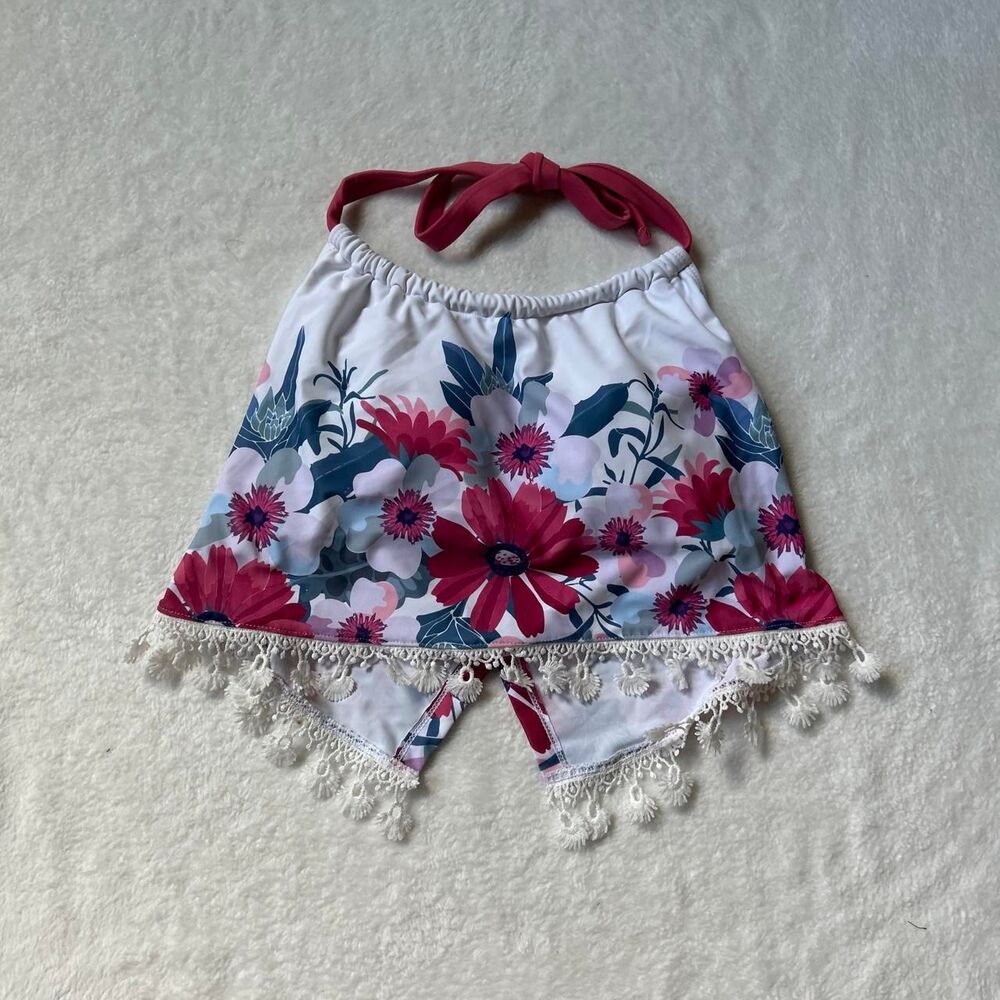 White & pink floral halter tankini top flowers lace trim removable padding small